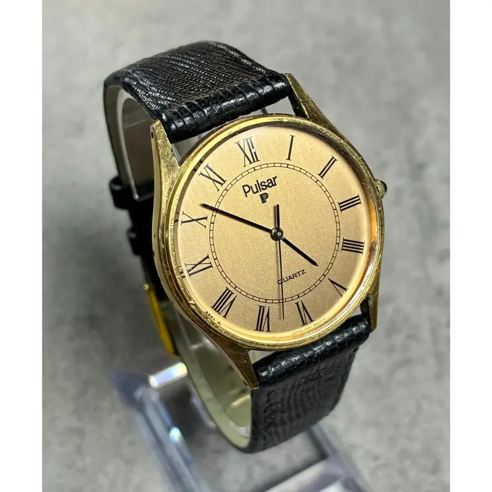 Pulsar Men's Slim Gold Tone Watch Y541-8009 Roman Numeral Dial 33mm Working Rare